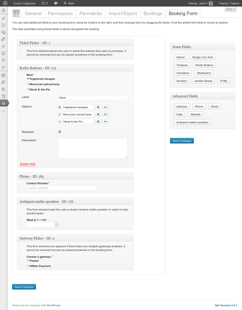 Booking form customiser
