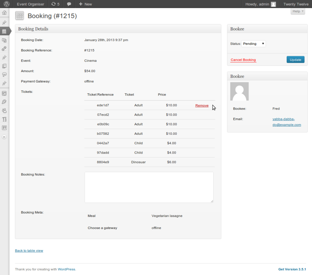 Booking admin page