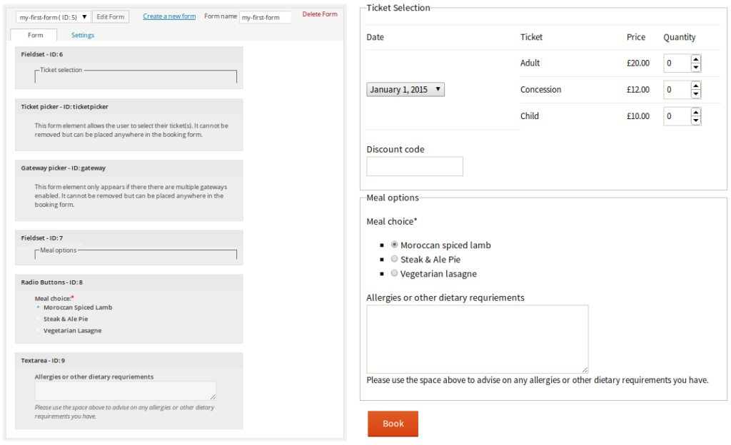 Screenshot of the form customiser page of a form with fieldsets alongside a screenshot of the form on the front-end.