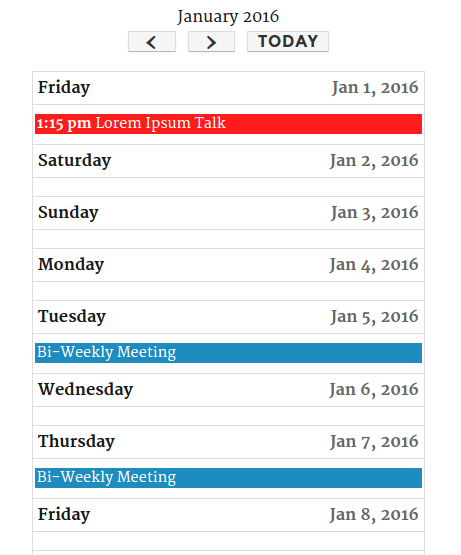 The calendar as it appears on small devices, using TwentySixteen theme.